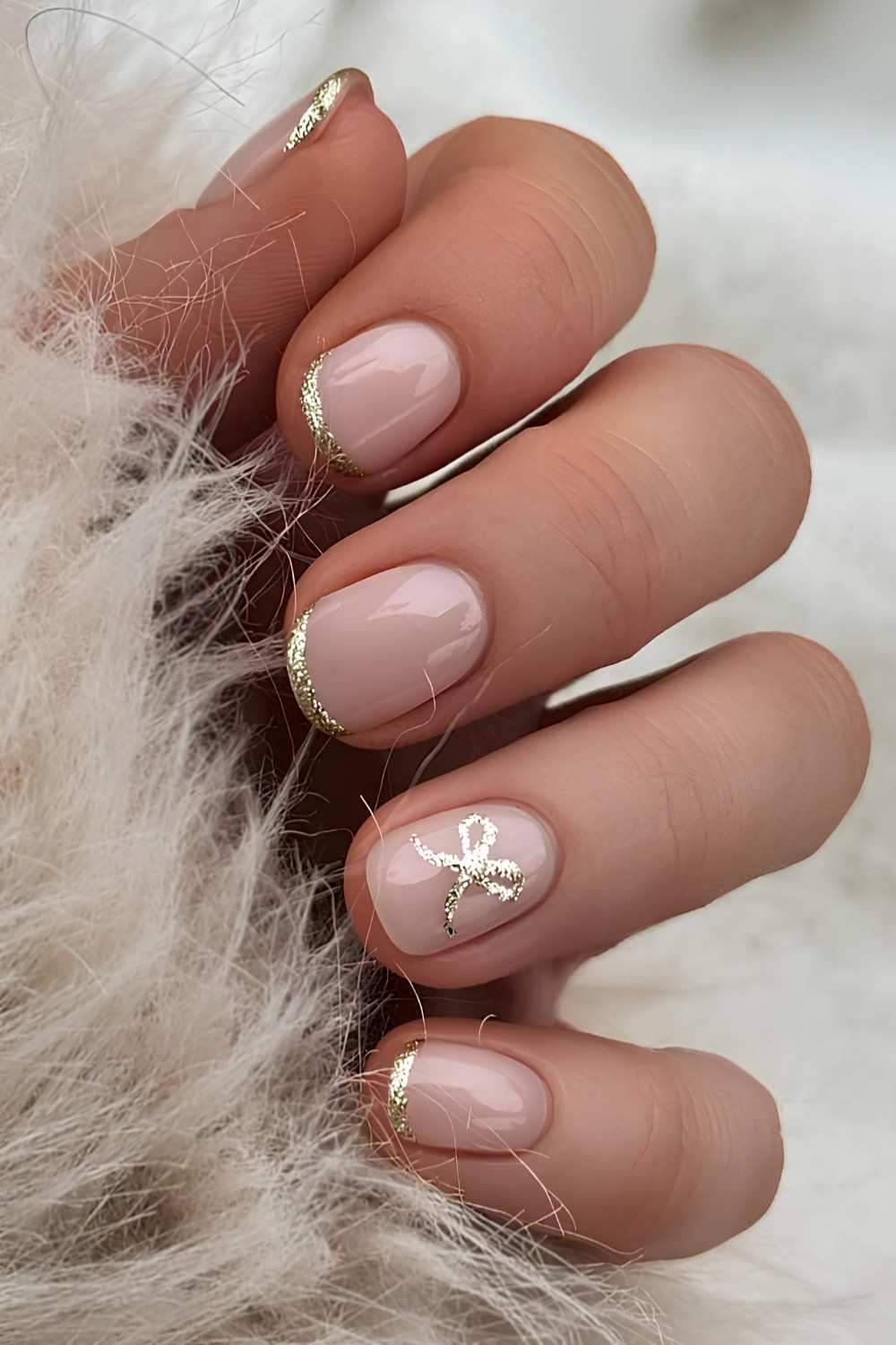 Gold Glitter French Bow Short Nails