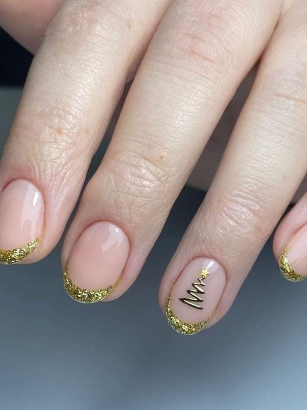 Gold Glitter French Tree Short Nails