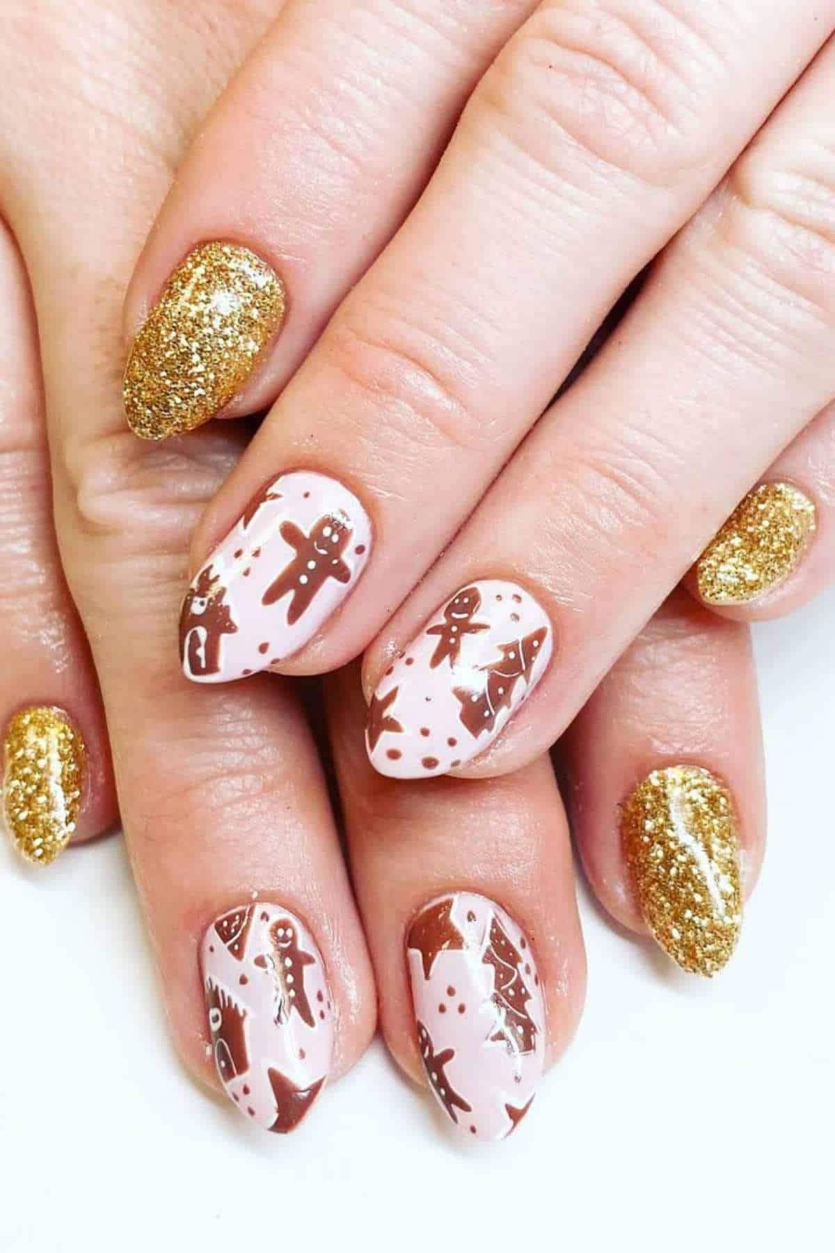 Gold Glitter Gingerbread Tree Nails