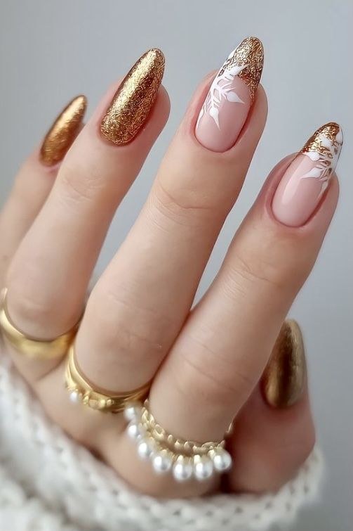 Gold Glitter Nude Leaf Nails