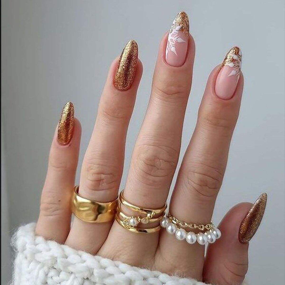 Gold Glitter Snowflake Tip Nails