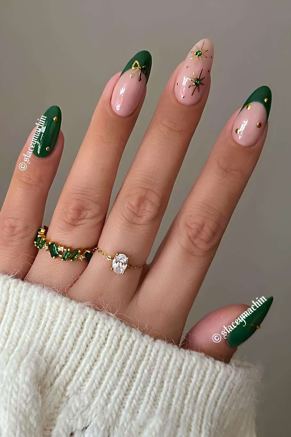 Gold Green Bow Gem Christmas Nails