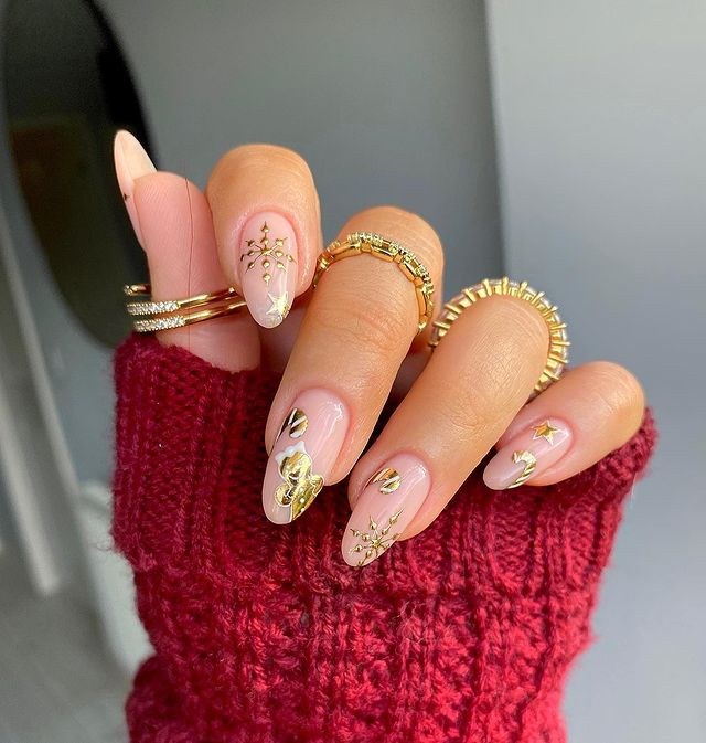 Gold Snowflake Nude Chrome Nails