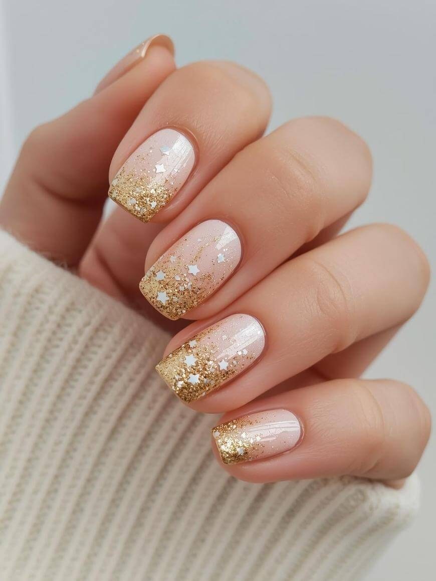 Gold Star Glitter Ombre Nails
