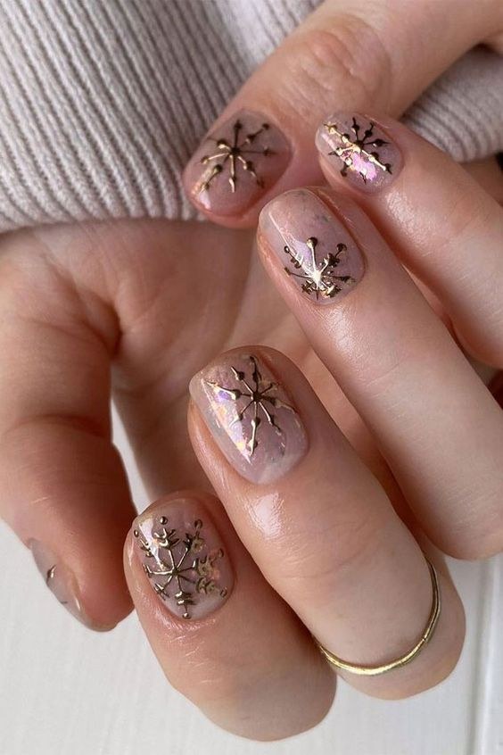 Golden Snowflake Blush Pink Nails