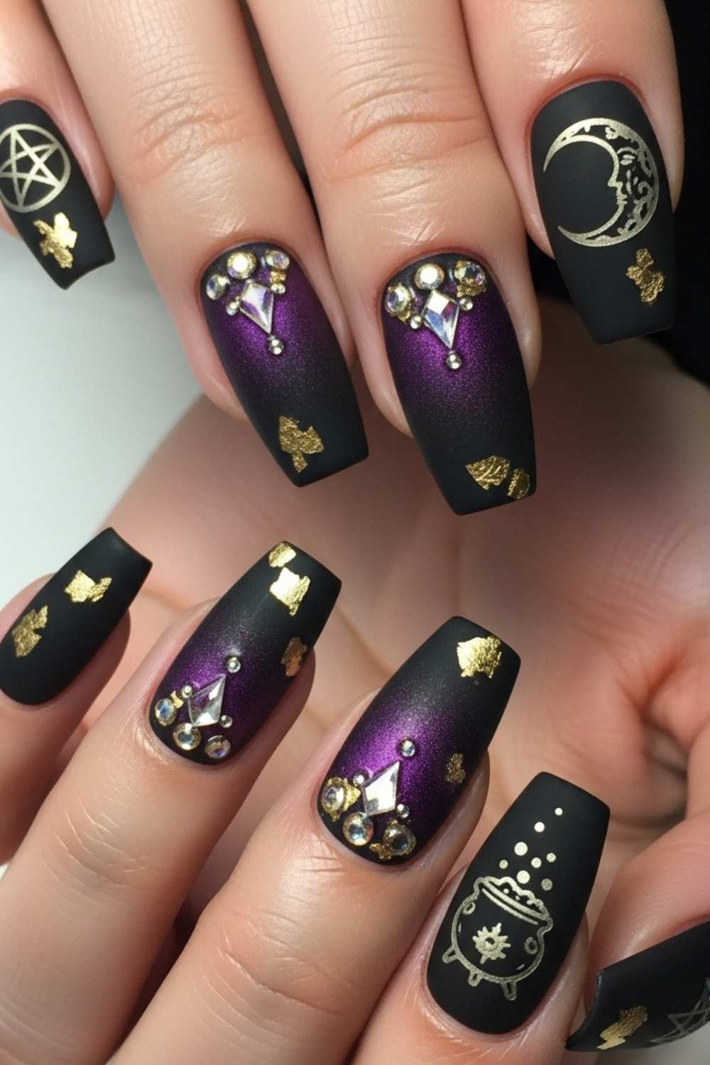 Gothic Black And Purple Gold Celestial Witchy Halloween Nails