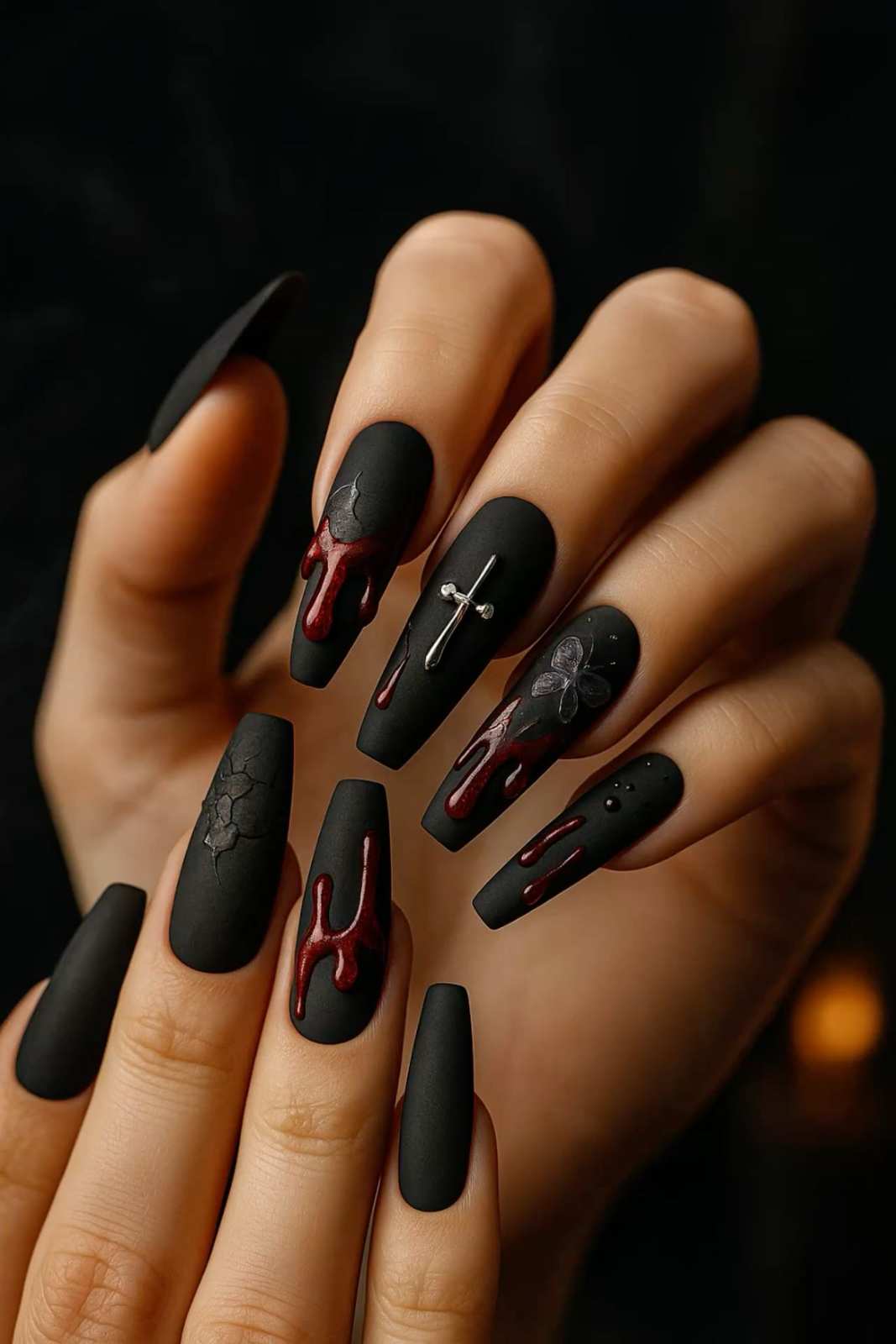 Gothic Matte Black Blood Drip Coffin Nails Cross