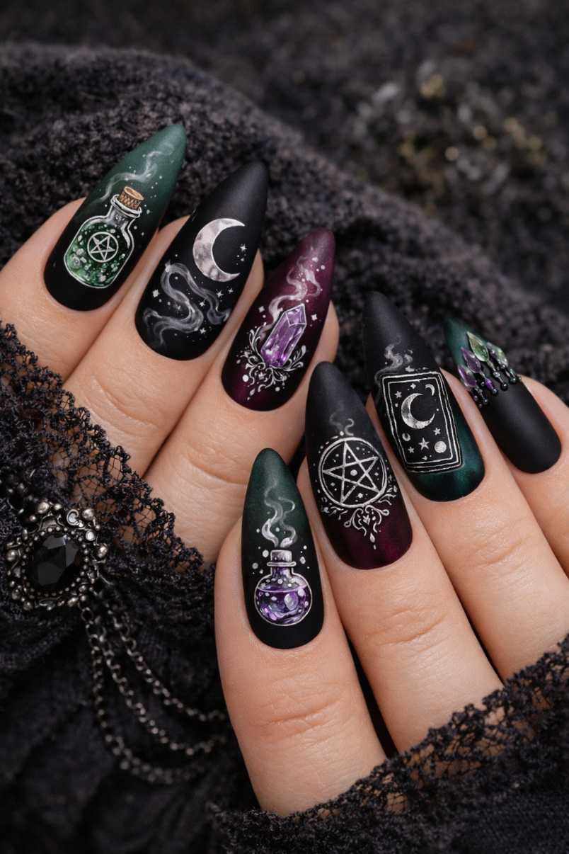 Gothic Potion Bottle And Crystal Tarot Witchy Halloween Nails