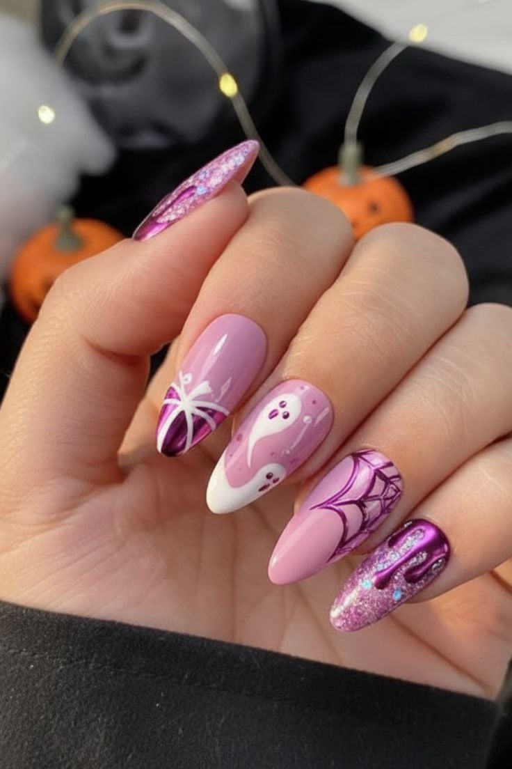 Square shaped matte grey nails with black spooky graveyard and tombstone art.