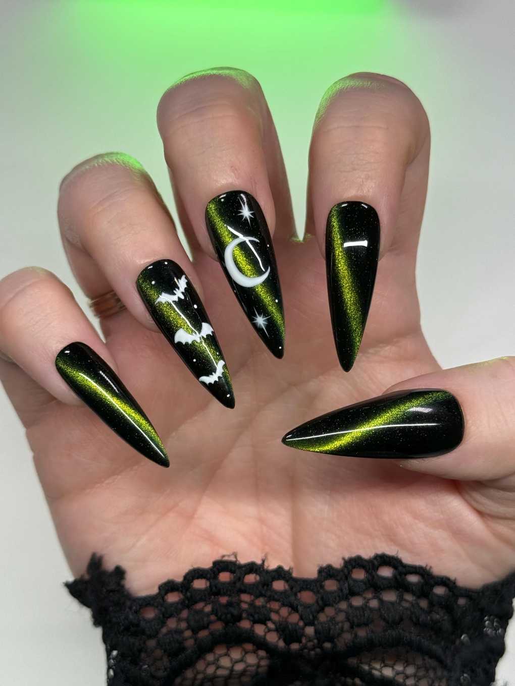 Green Cat Eye Moon And Bats Witchy Halloween Nails