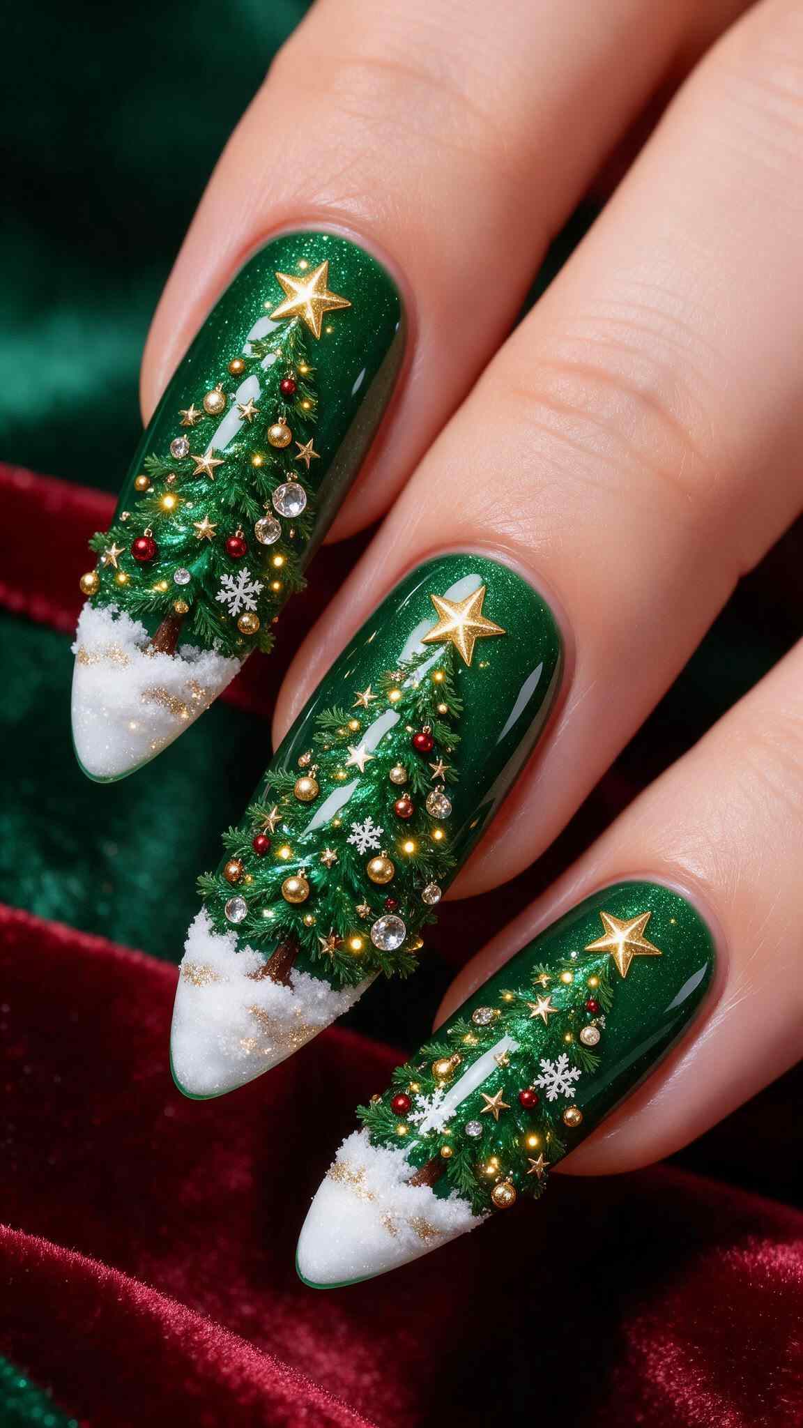 Green Christmas Tree Stiletto Nails