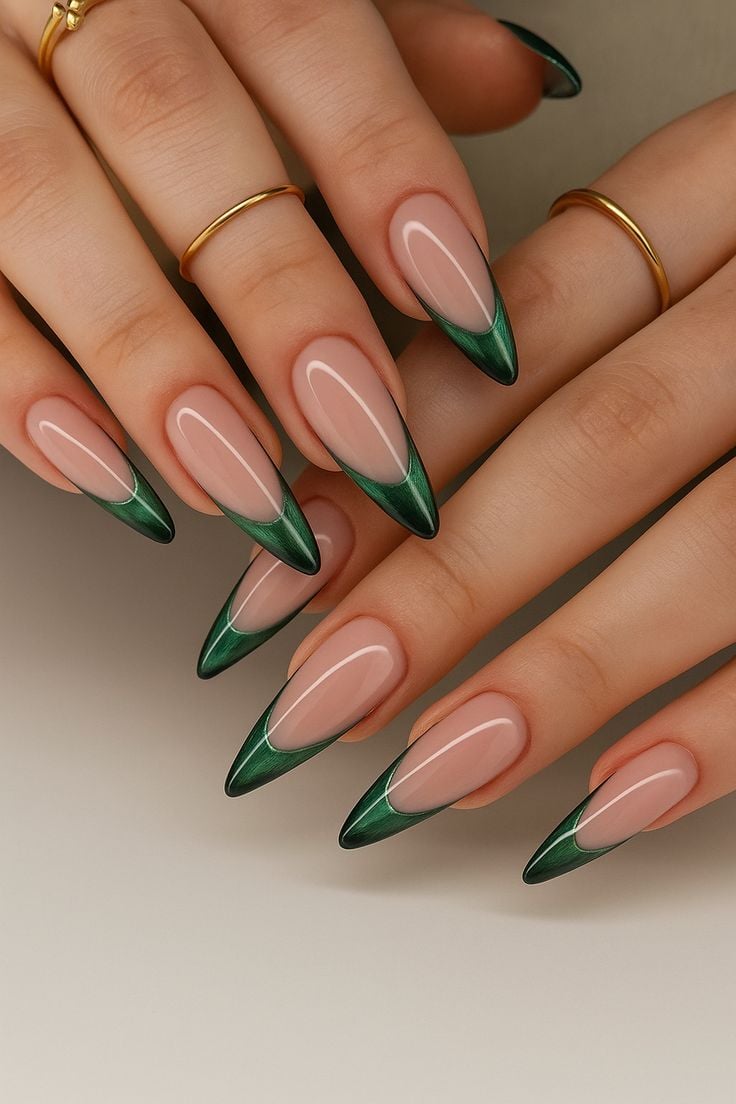 Green Chrome French Stiletto Nails