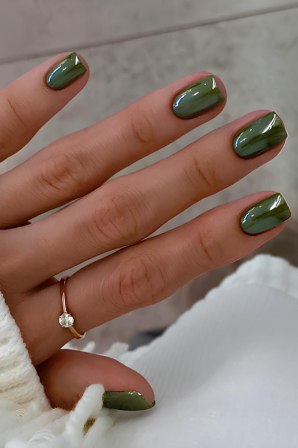 Green Chrome Short Square Nails