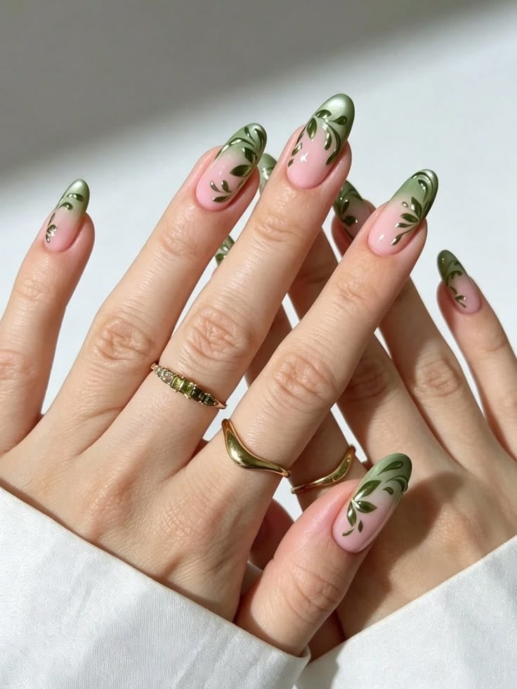 Green Floral Nail Design