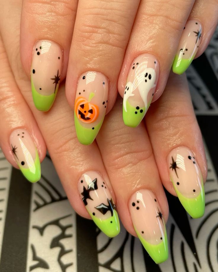 Almond shaped slime green and black glossy French tips for a spooky look.