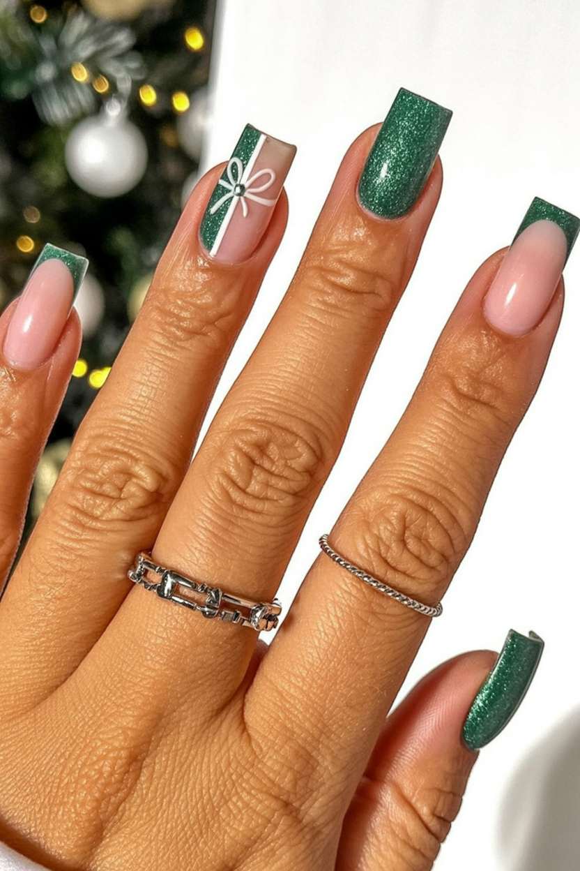 Green Gift Box French Square Nails