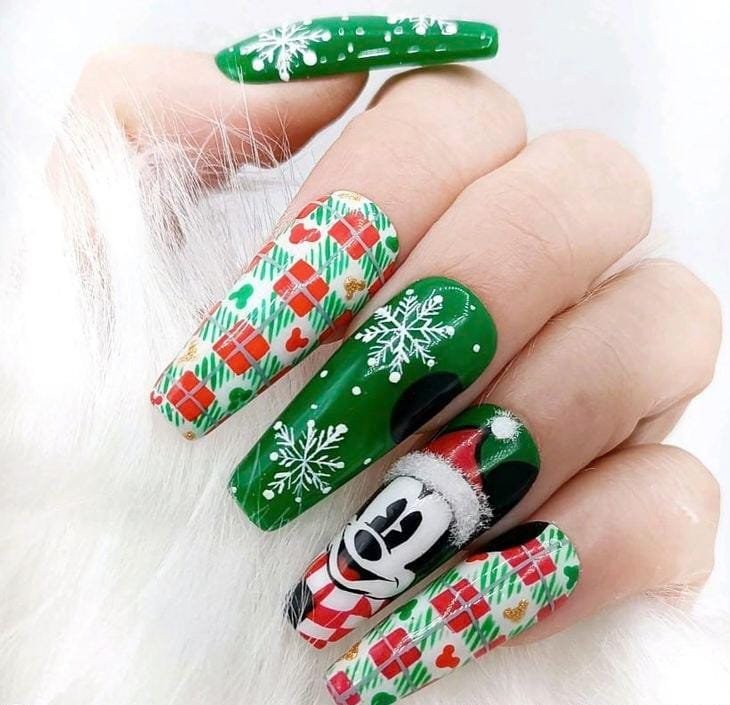 Green Gift Wrap Santa Mickey Disney Nails
