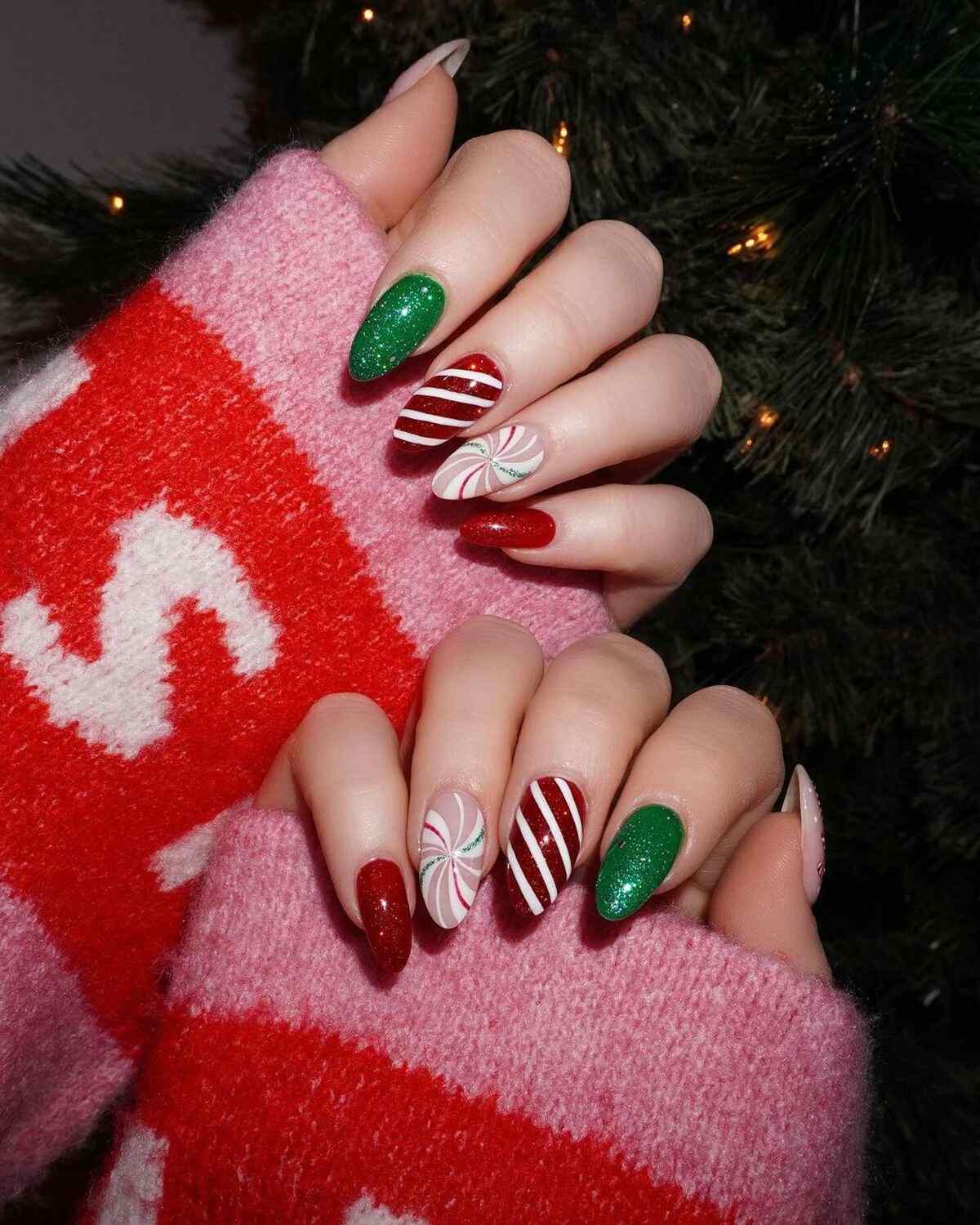 Green Glitter Candy Stripe Almond Nails