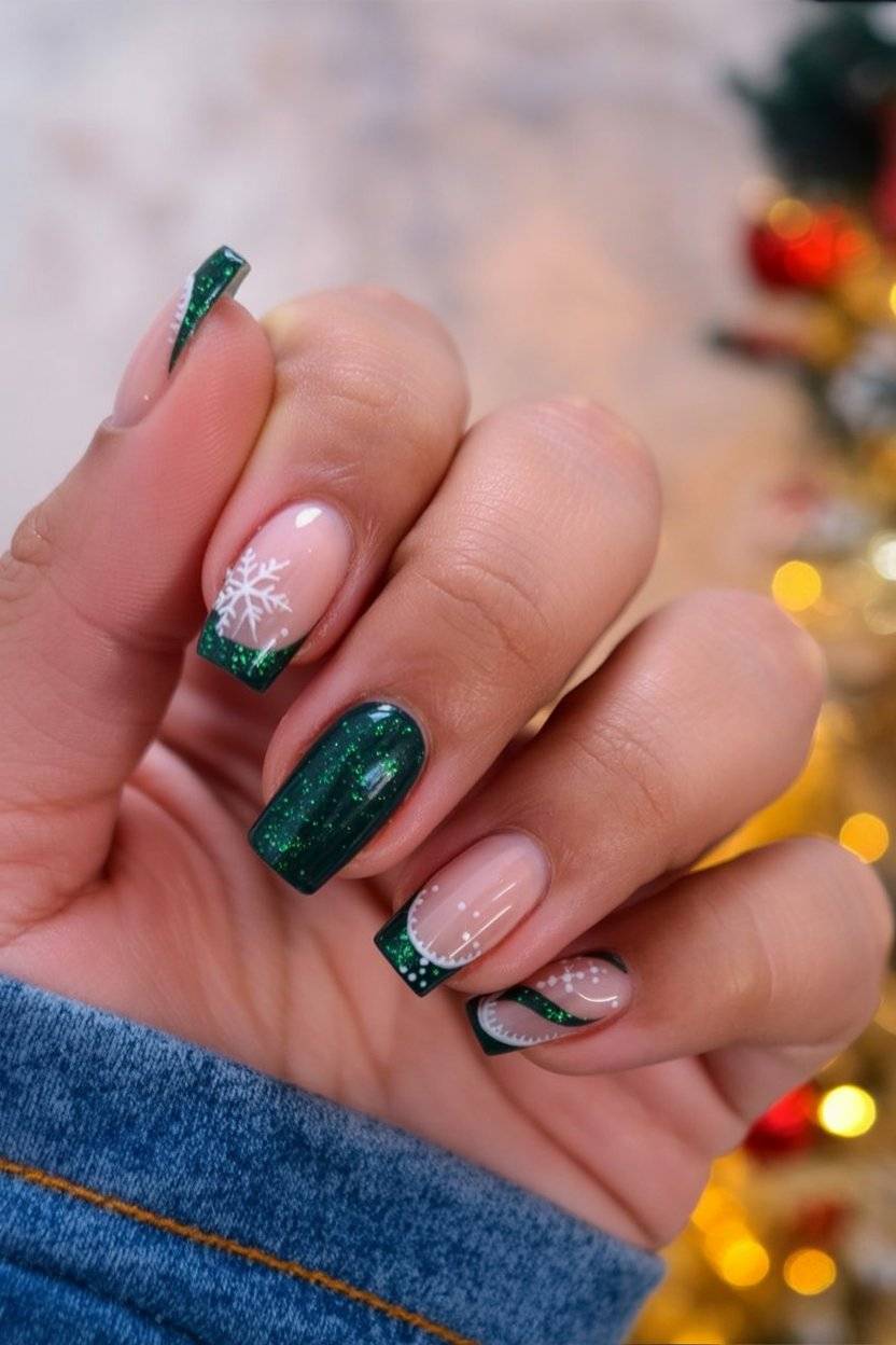 Green Glitter French Square Nails