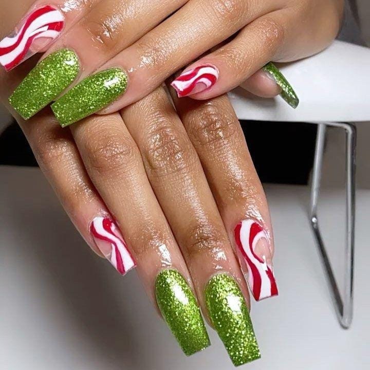 Green Glitter Peppermint Long Christmas Nails