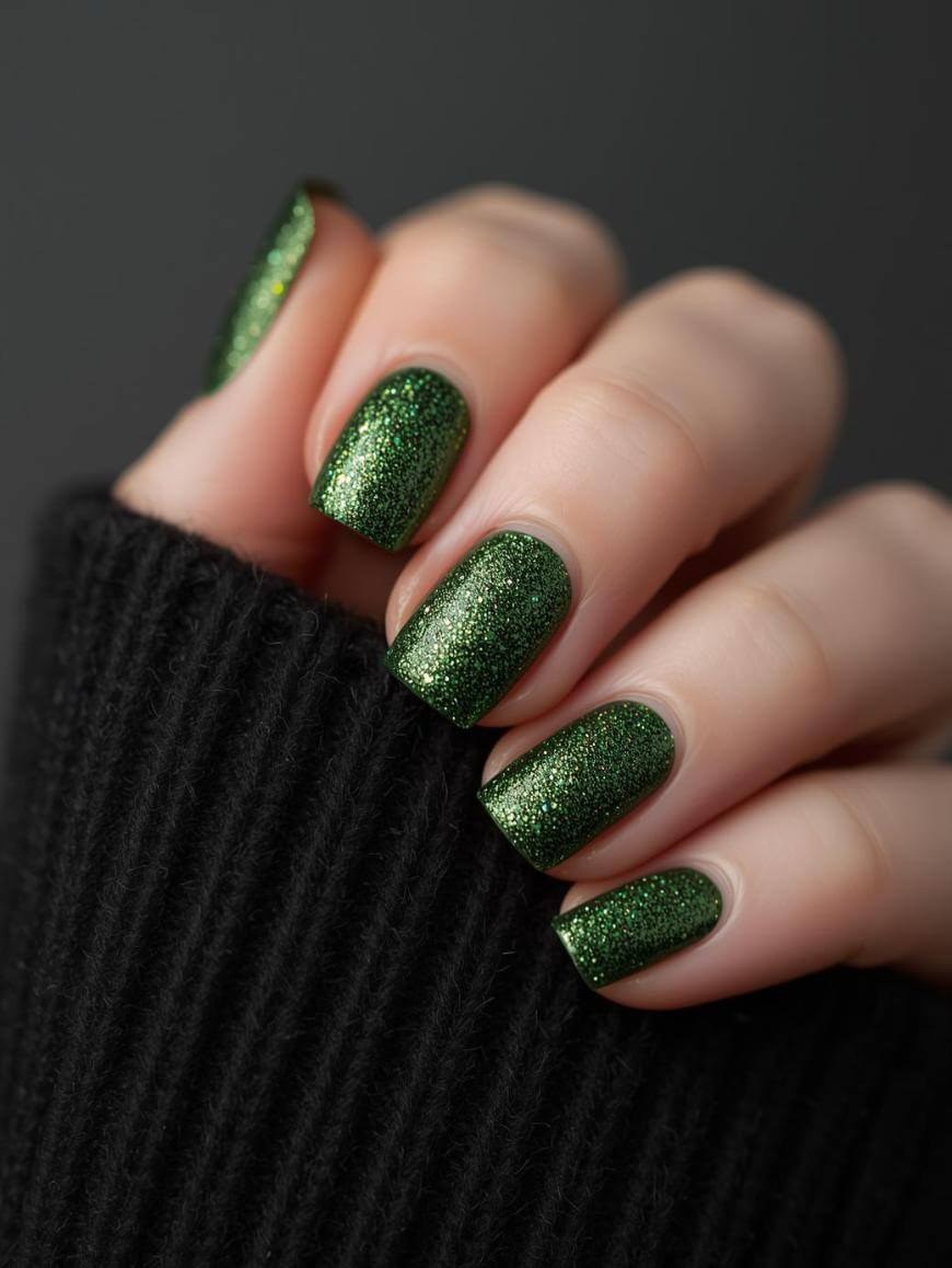 Green Glitter Short Nails