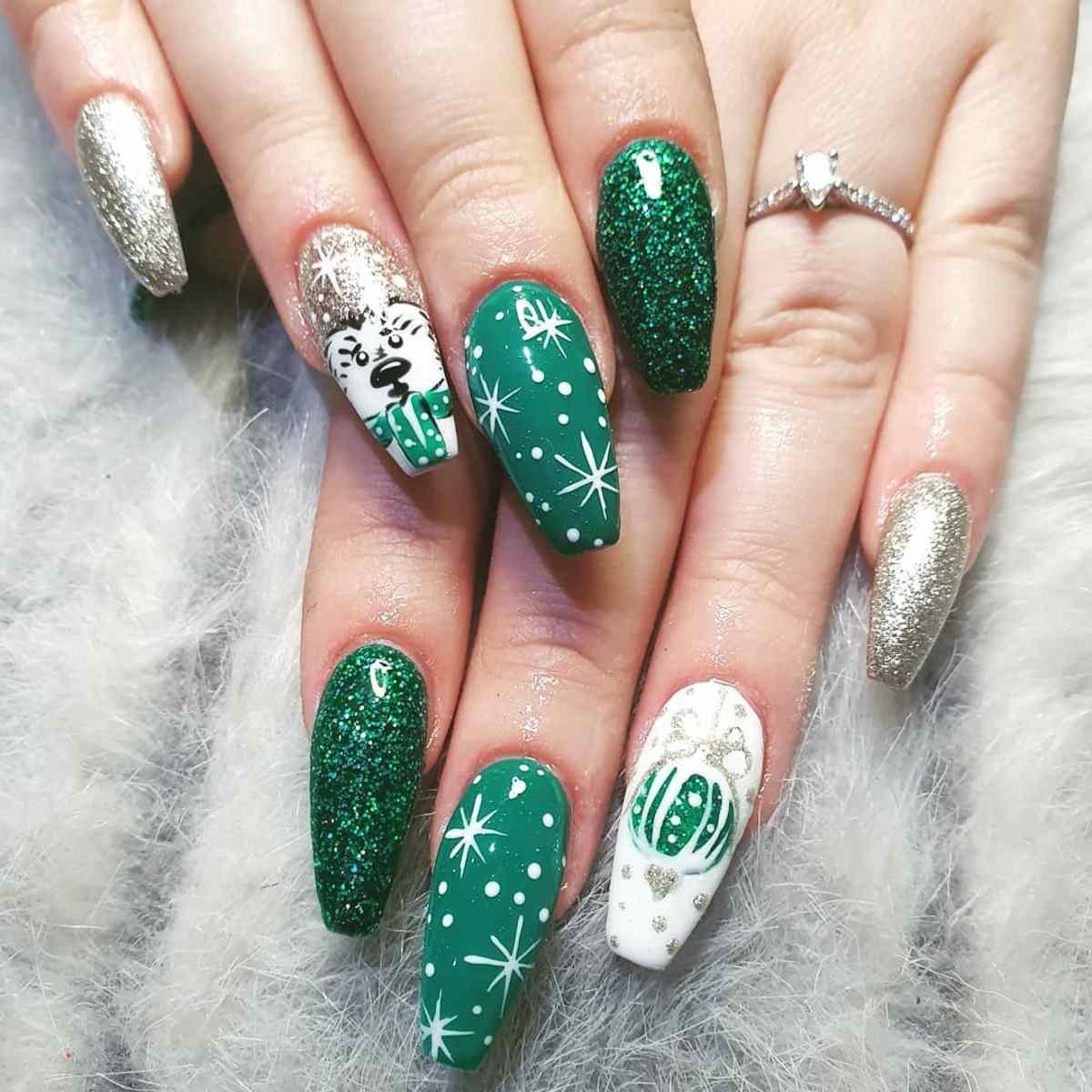 Green Glitter Snowflake Coffin Nails