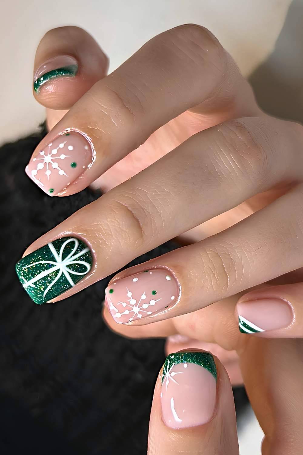 Green Glitter White Bow Nails