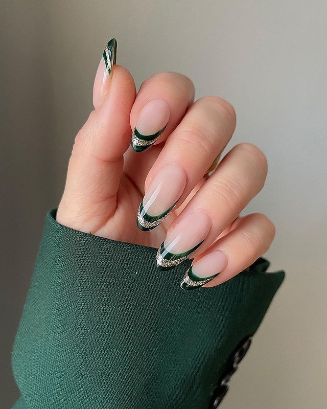 Green Gold French Almond Nails