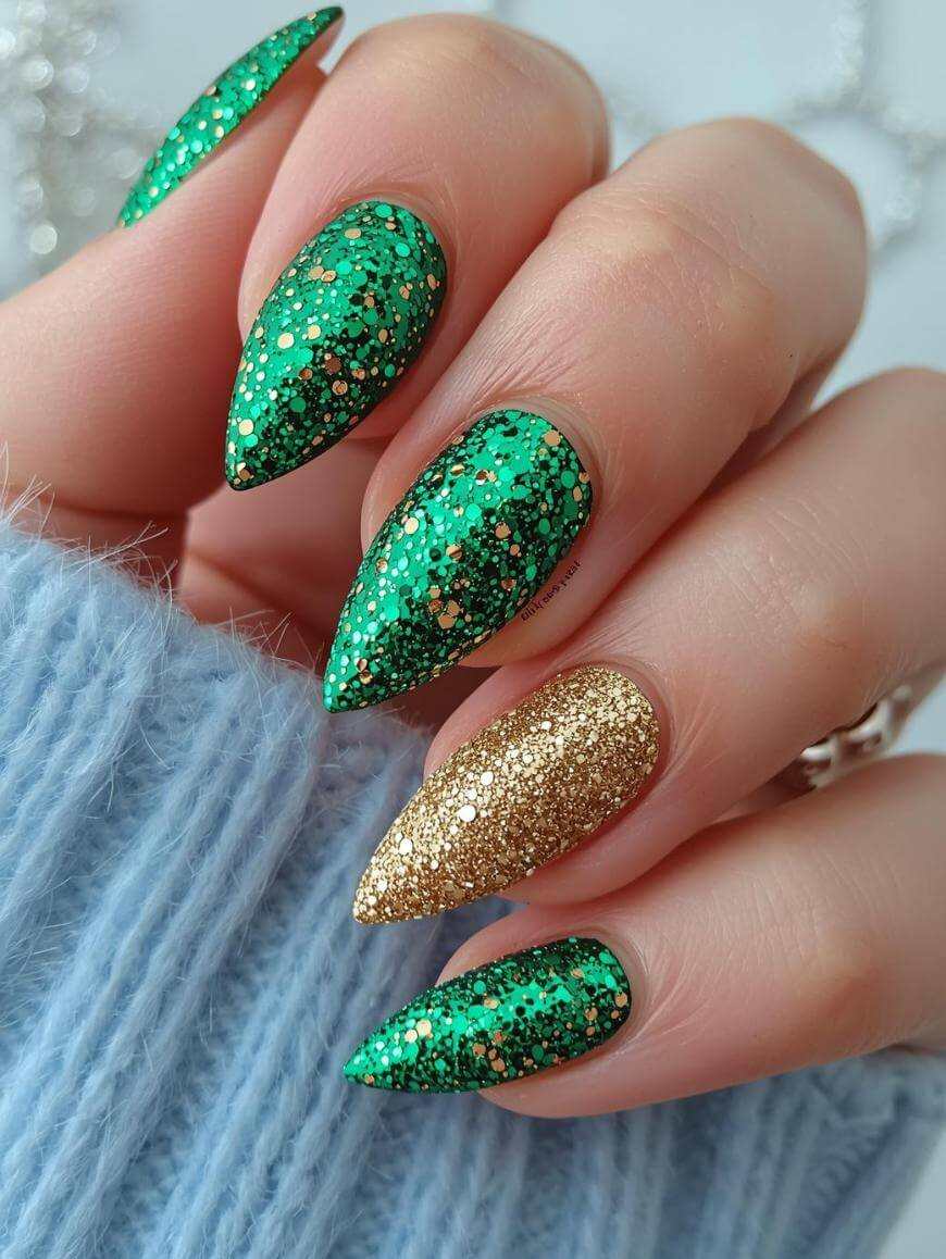 Green Gold Glitter Stiletto Nails