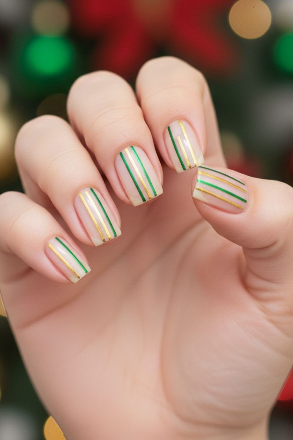 Green Gold Line Art Easy Nails