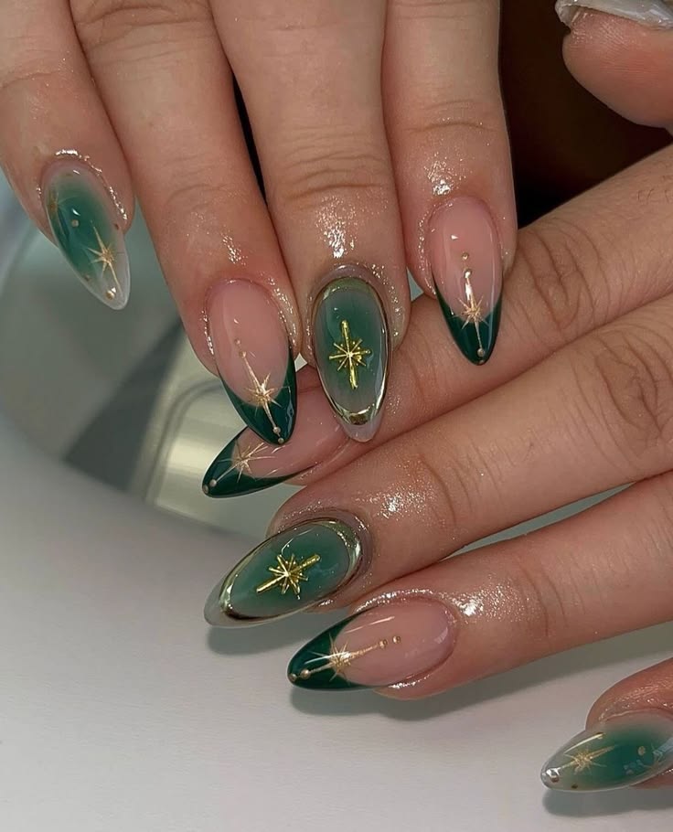 Green & Gold Virgo Nails