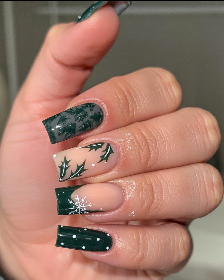 Green Holly Snowflake Square Nails