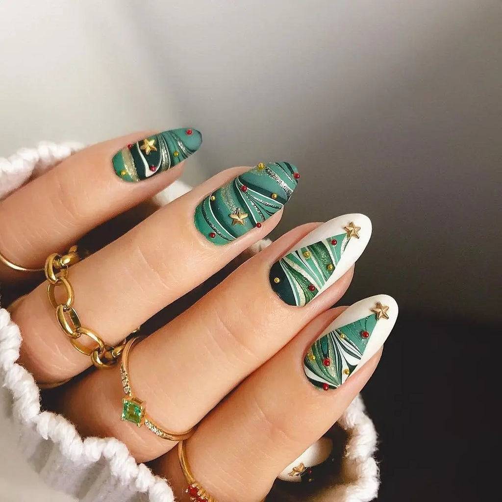 Green Marble Gold Star Nails