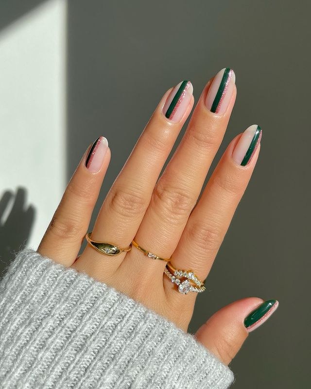 Green Pink Stripe Almond Nails