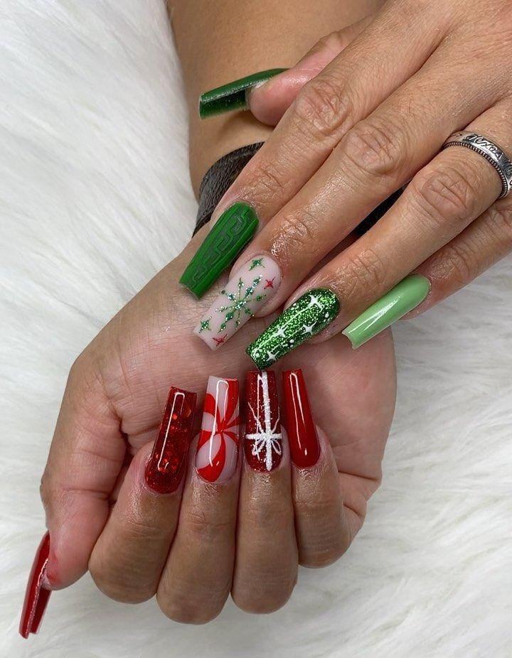 Green Red Forest Glam Long Christmas Nails