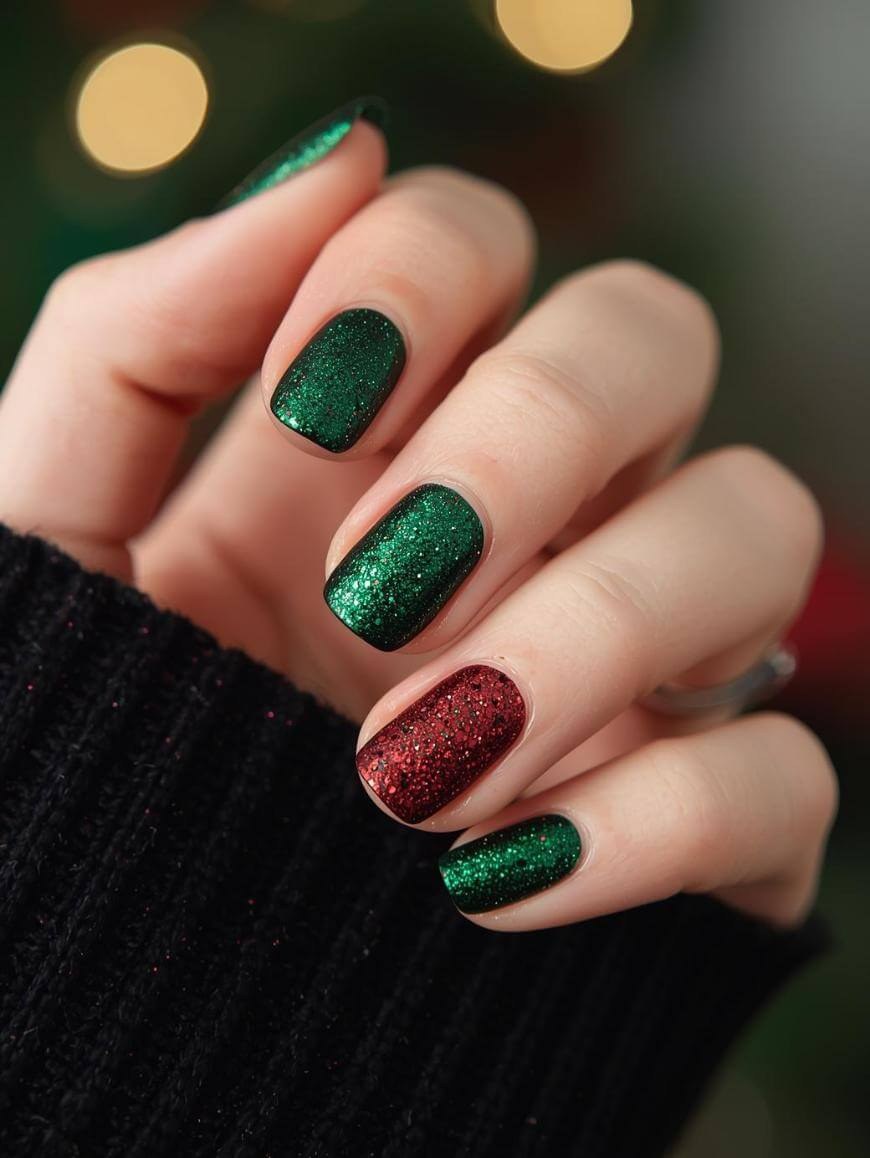 Green Red Glitter Nails
