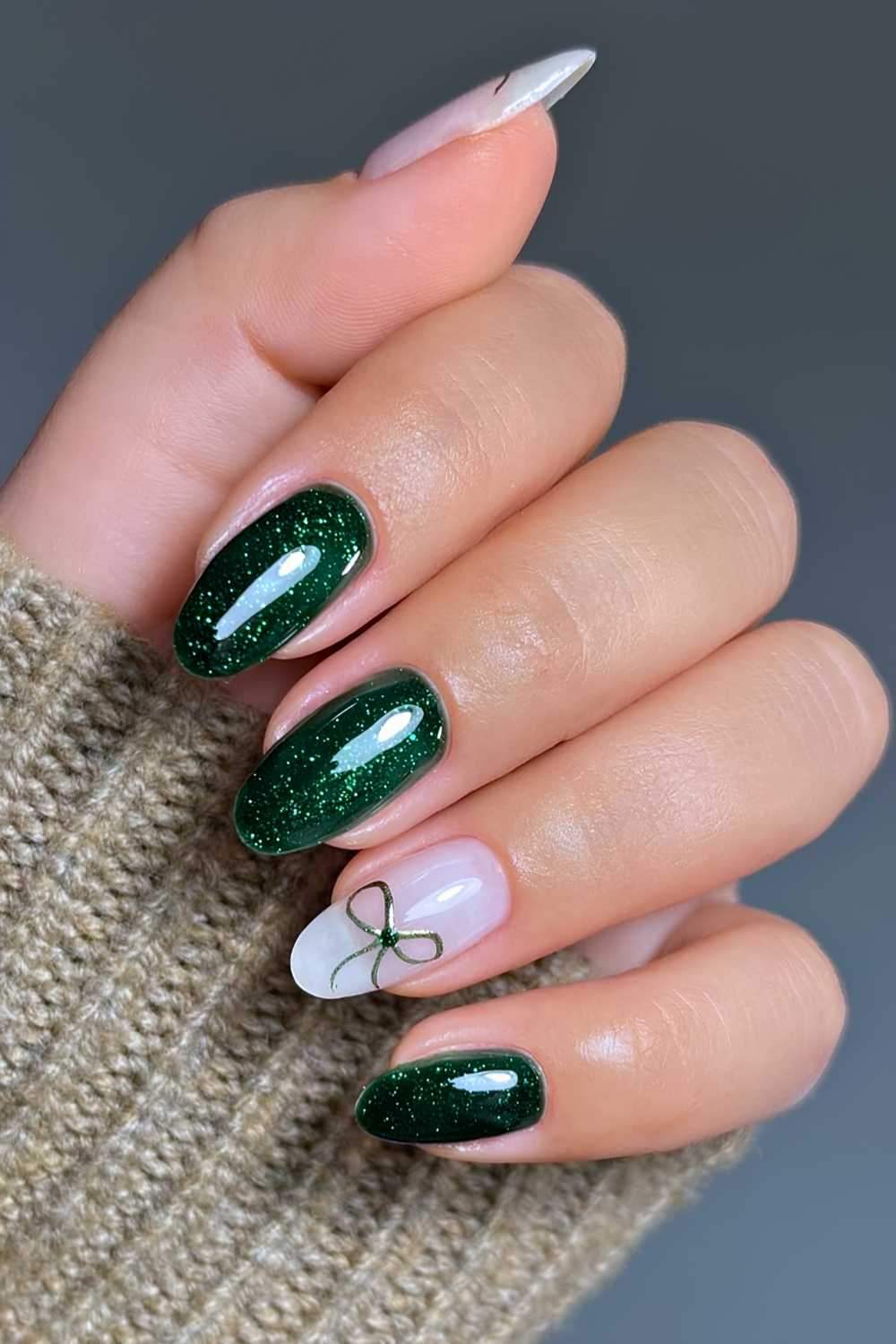 Green Shimmer Bow Elegant Nails