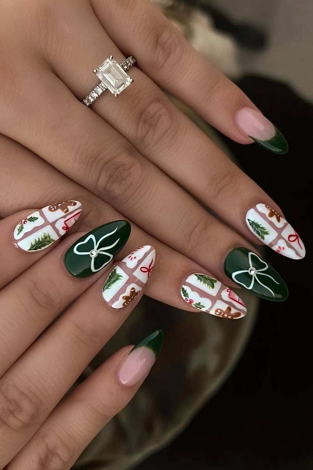 Green White Bow Festive Nails
