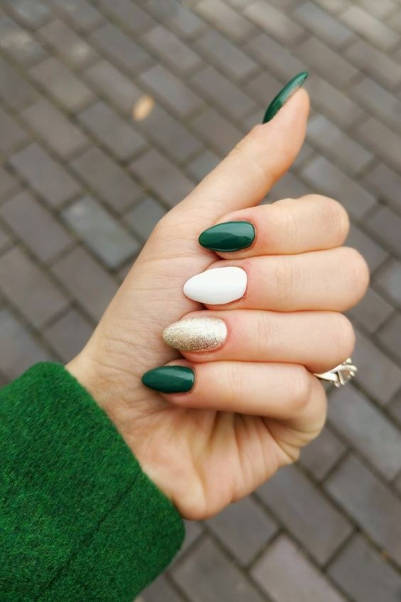 Green White Gold Almond Nails