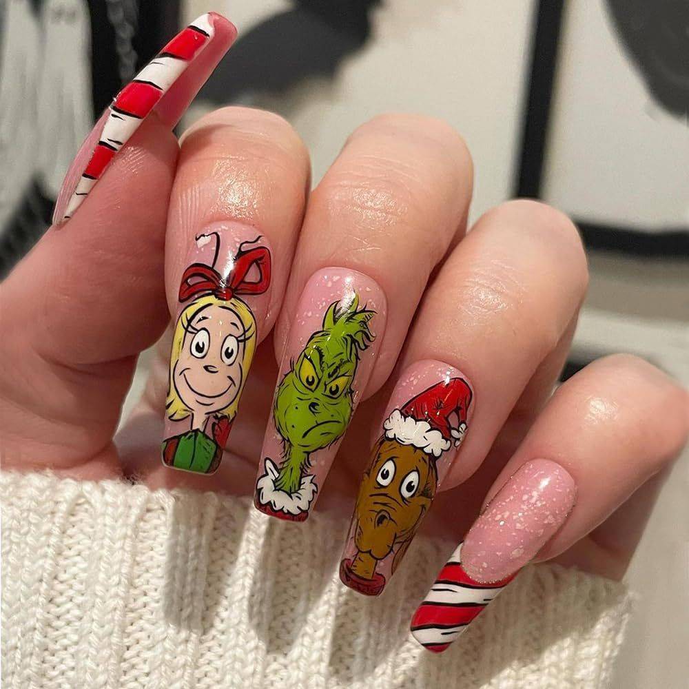 Grinch Character Candy Tip Nails