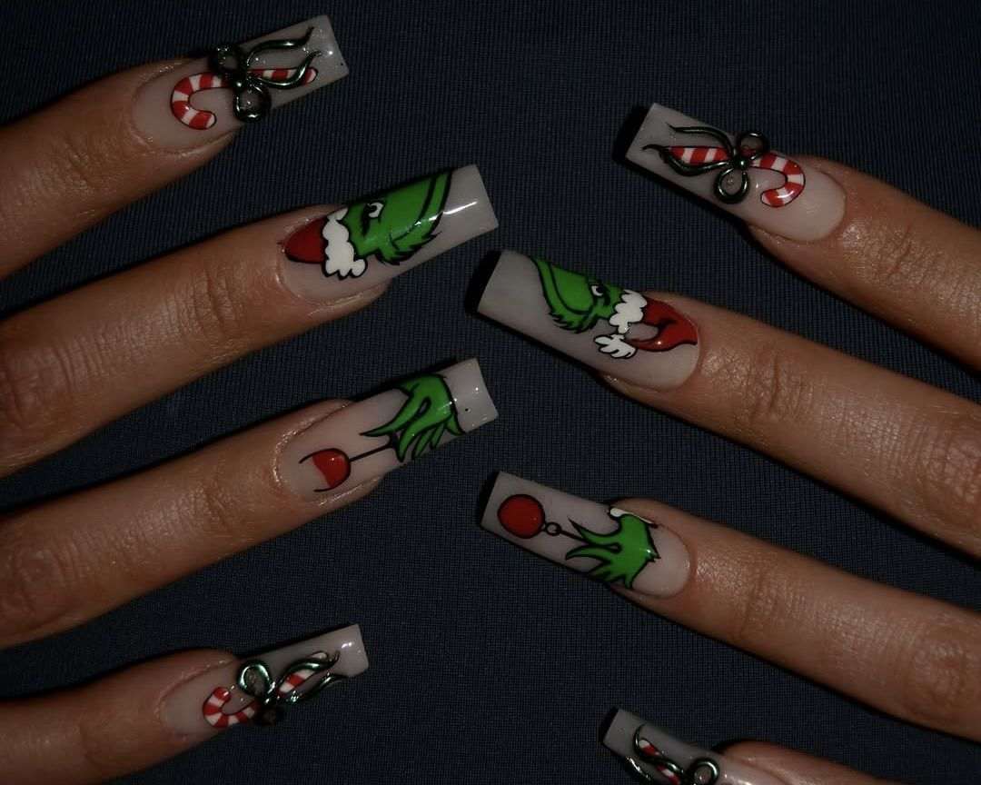 Grinch Face Clear Base Nails