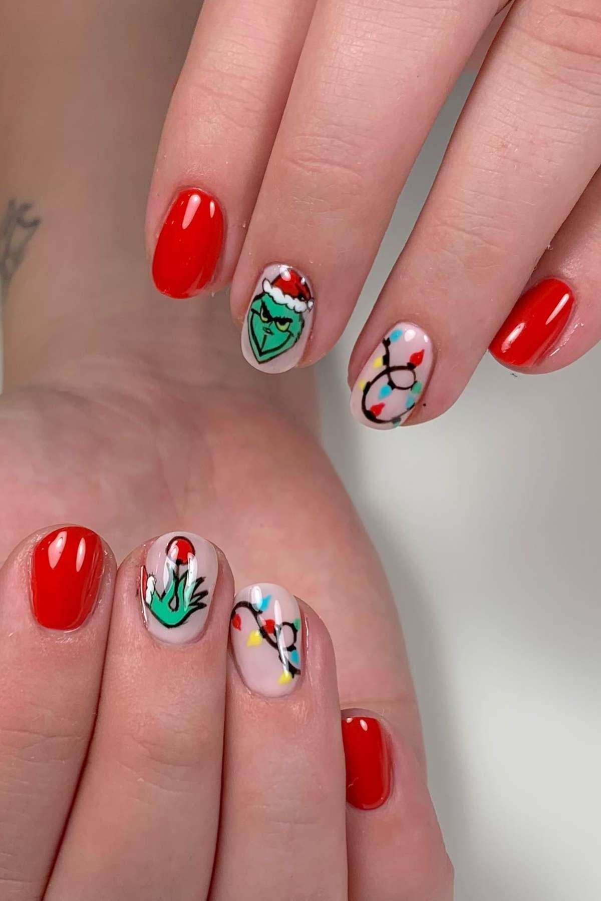 Grinch Face Lights Red Nails