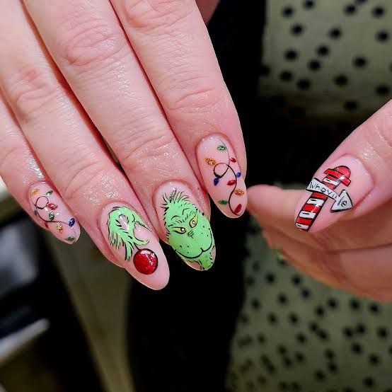 Grinch Face Nude Lights Nails