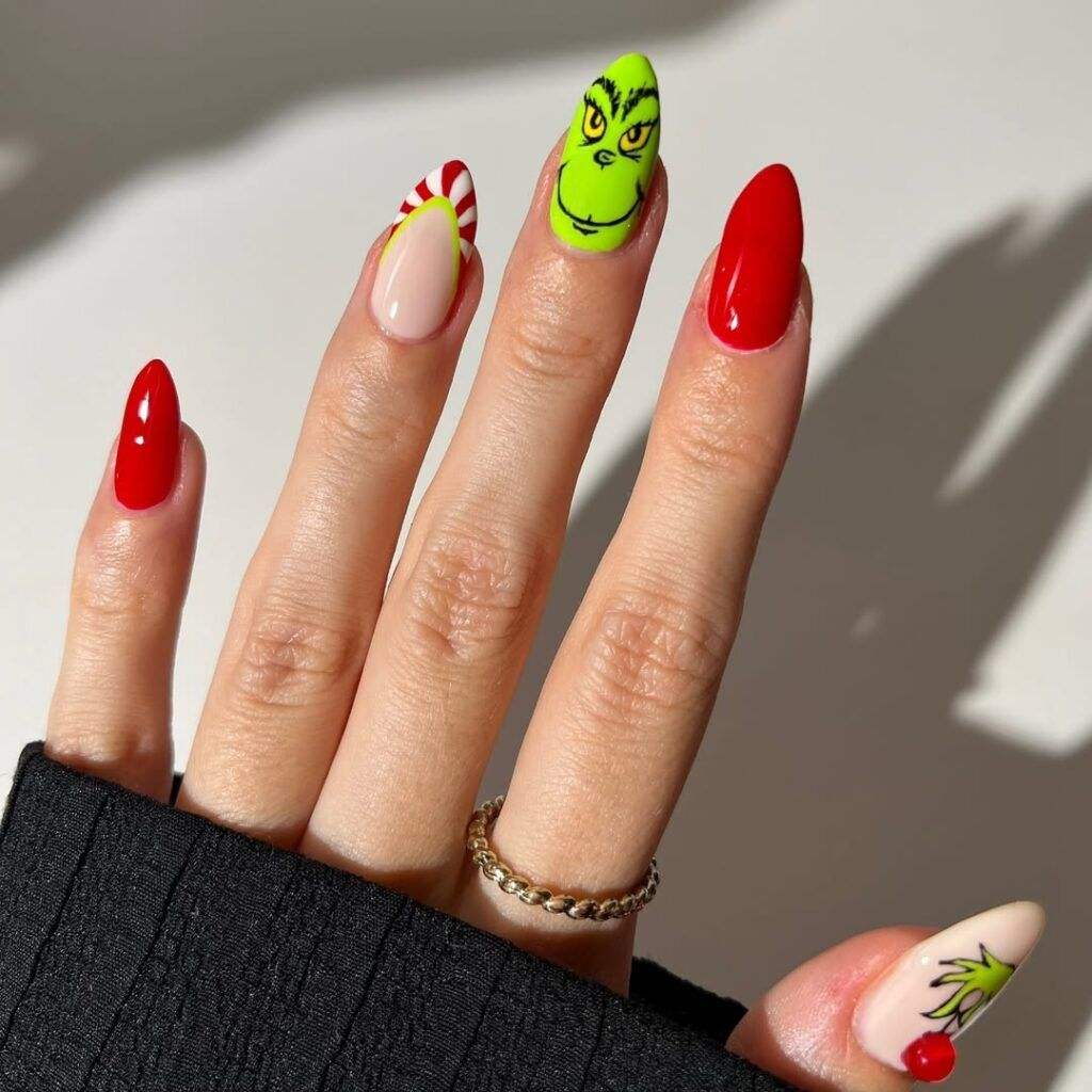 Grinch Face Stiletto Candy Nails