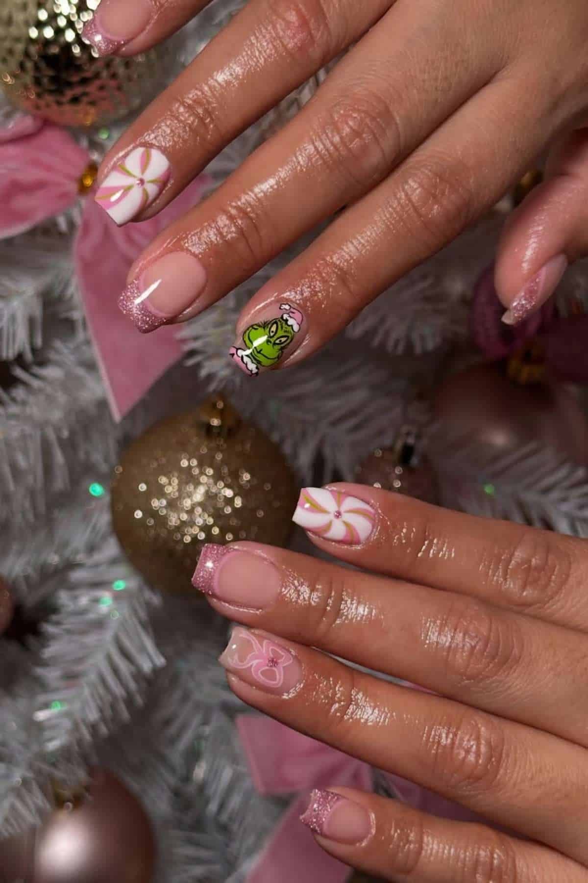 Grinch Pink Pinwheel Nails