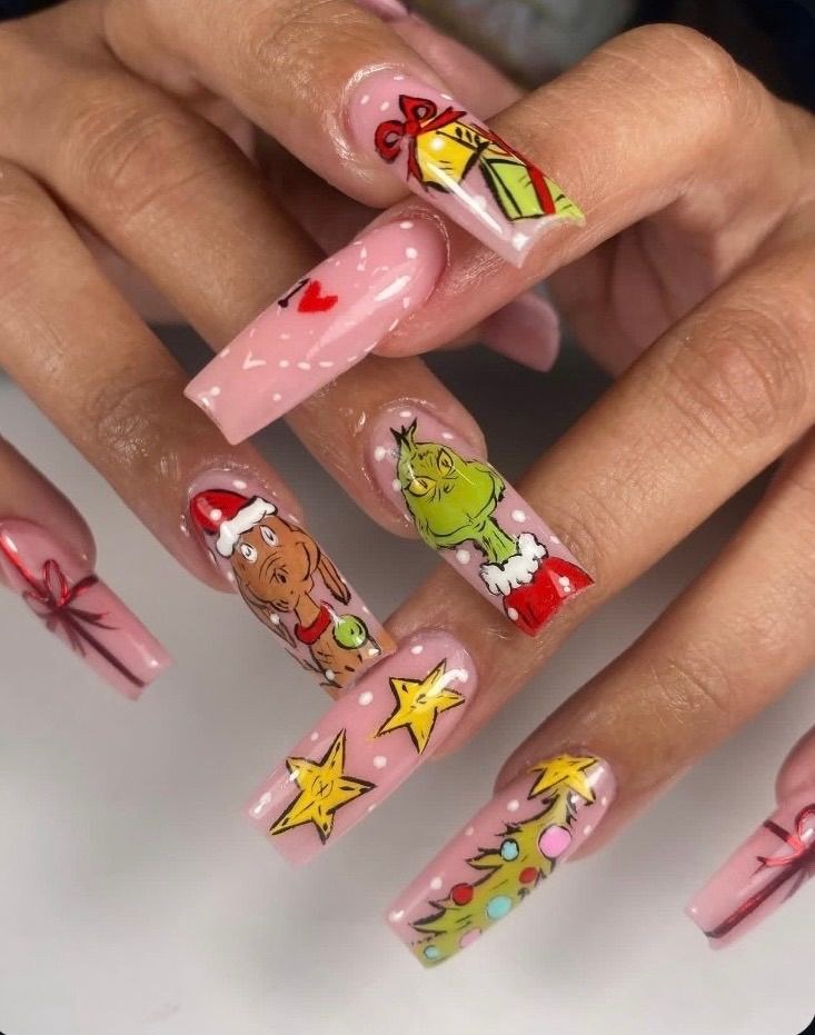 Grinch Pink Polka Dot Nails