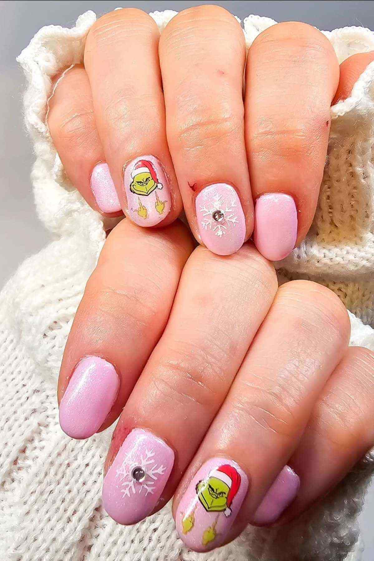 Grinch Pink Snowflake Nails