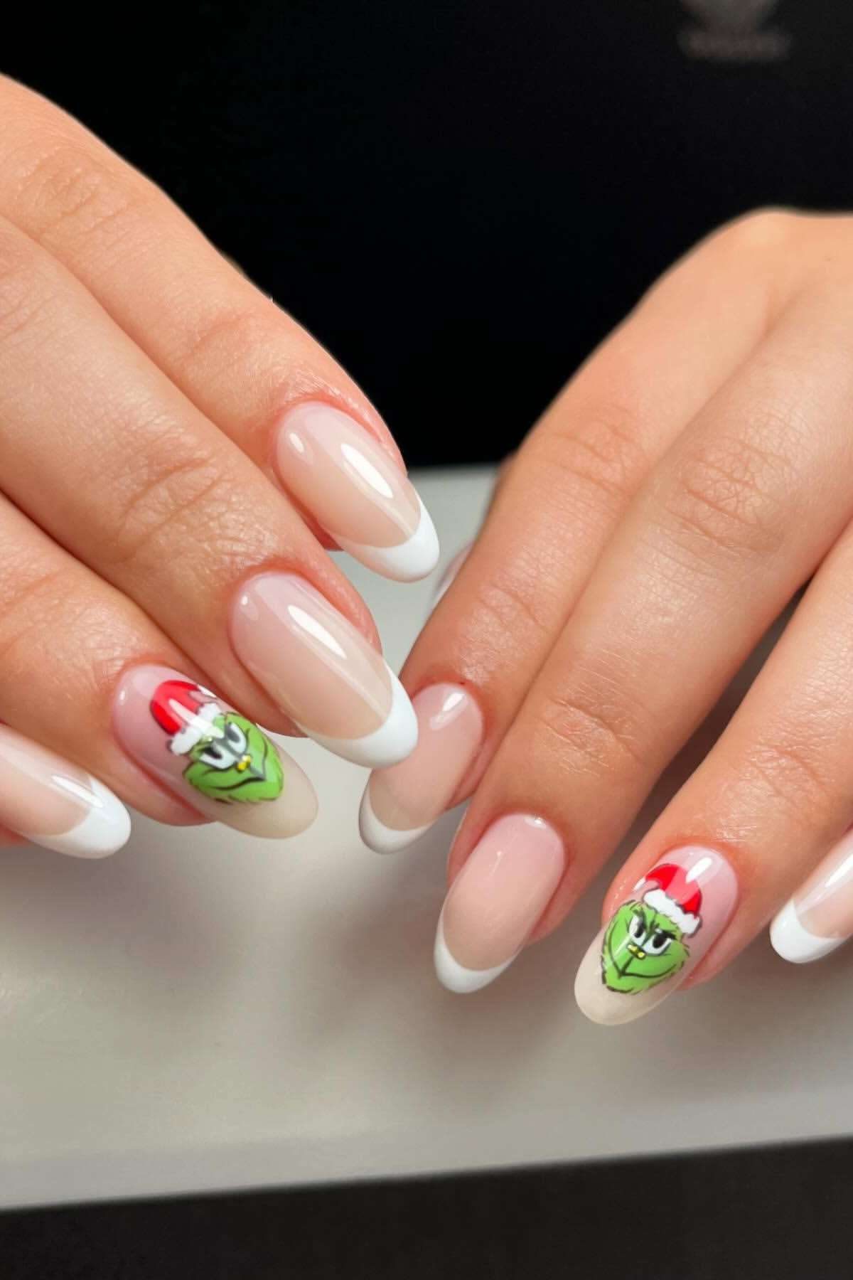 Grinch Santa Hat French Nude Nails