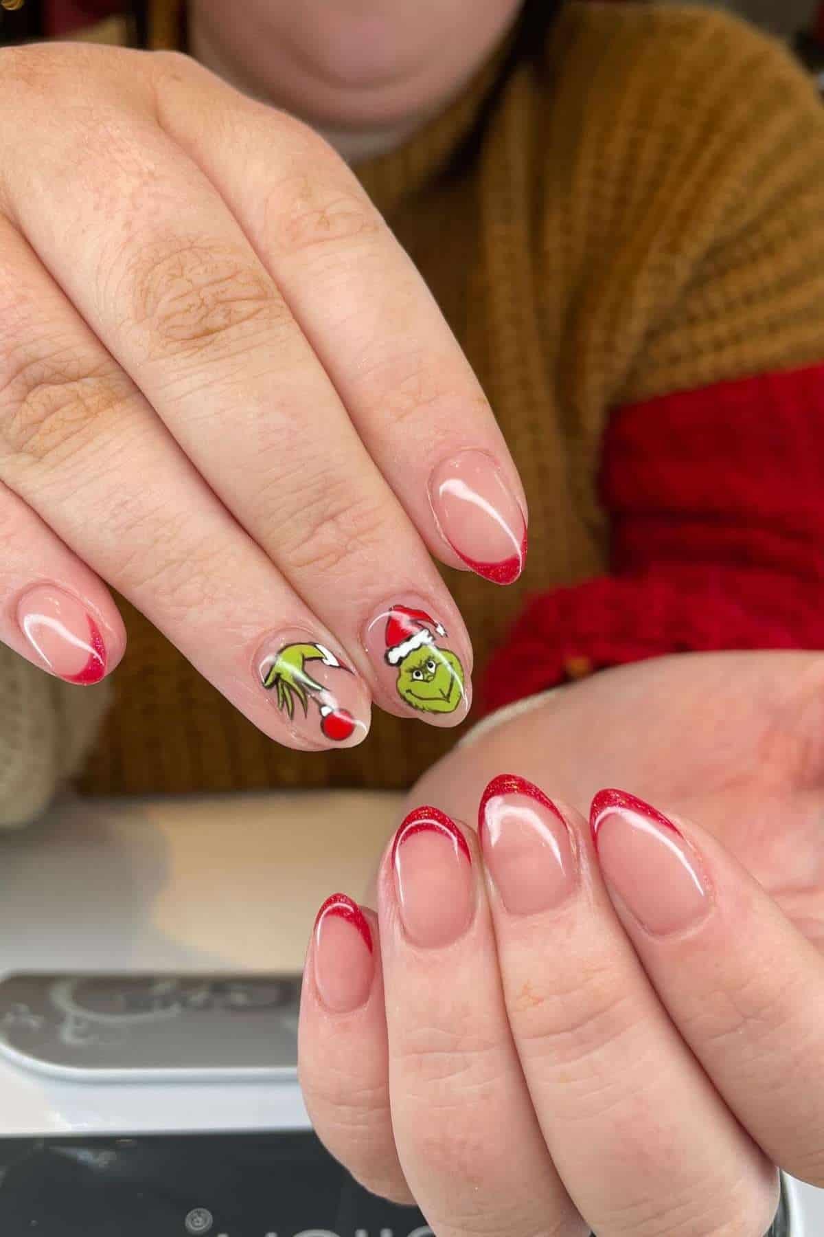 Grinch Santa Hat Red French Nails