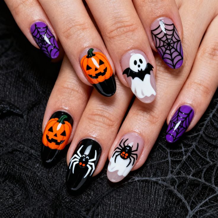 Oval shaped glossy purple and orange nails with mixed spooky icons for Halloween.